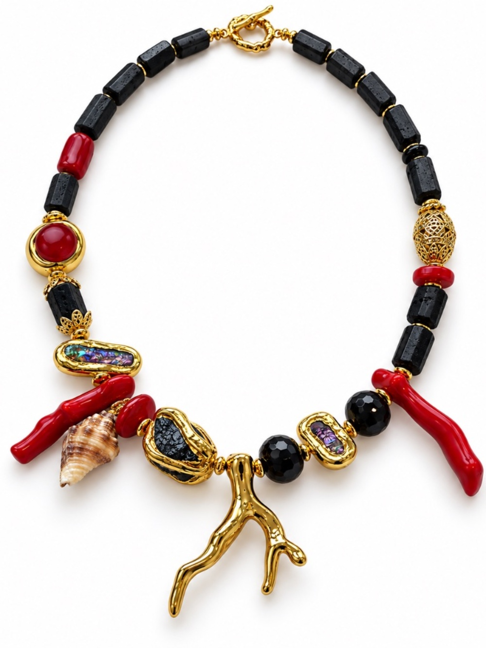 NWT Black & Red Coral-Inspired Statement Necklace – 21"
